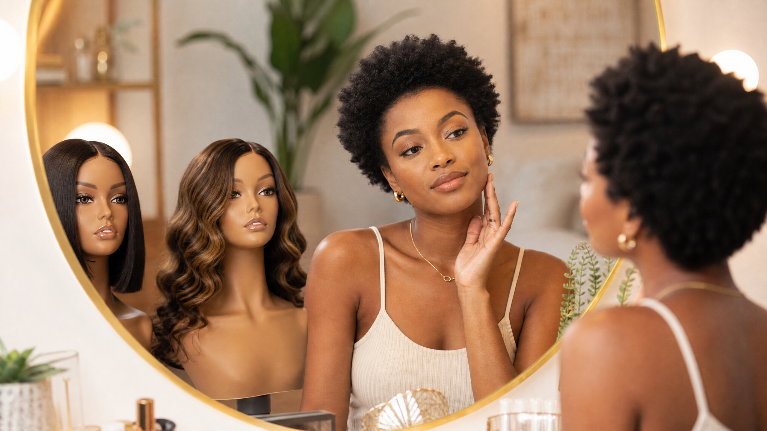 Woman choosing the perfect wig for her face shape