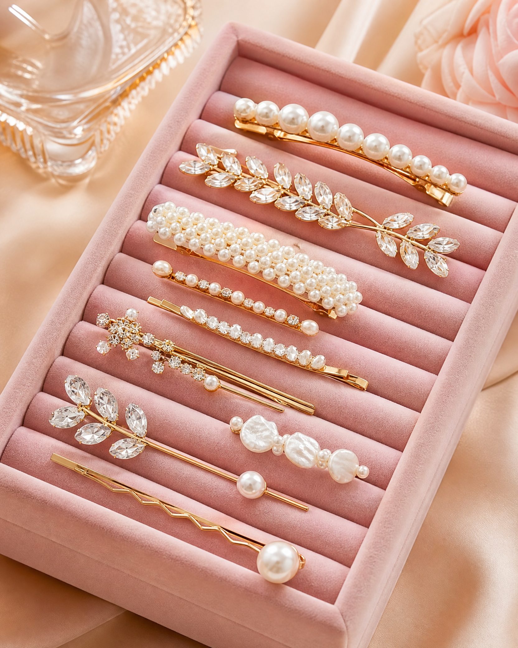 Luxury hair accessories including pearl clips and gold barrettes