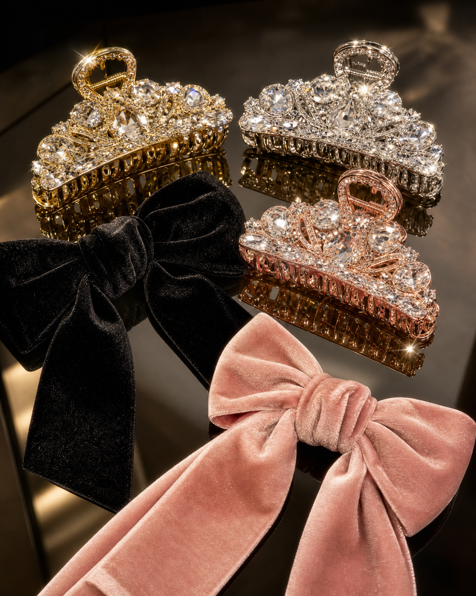 Crystal embellished claw clips and velvet bows set