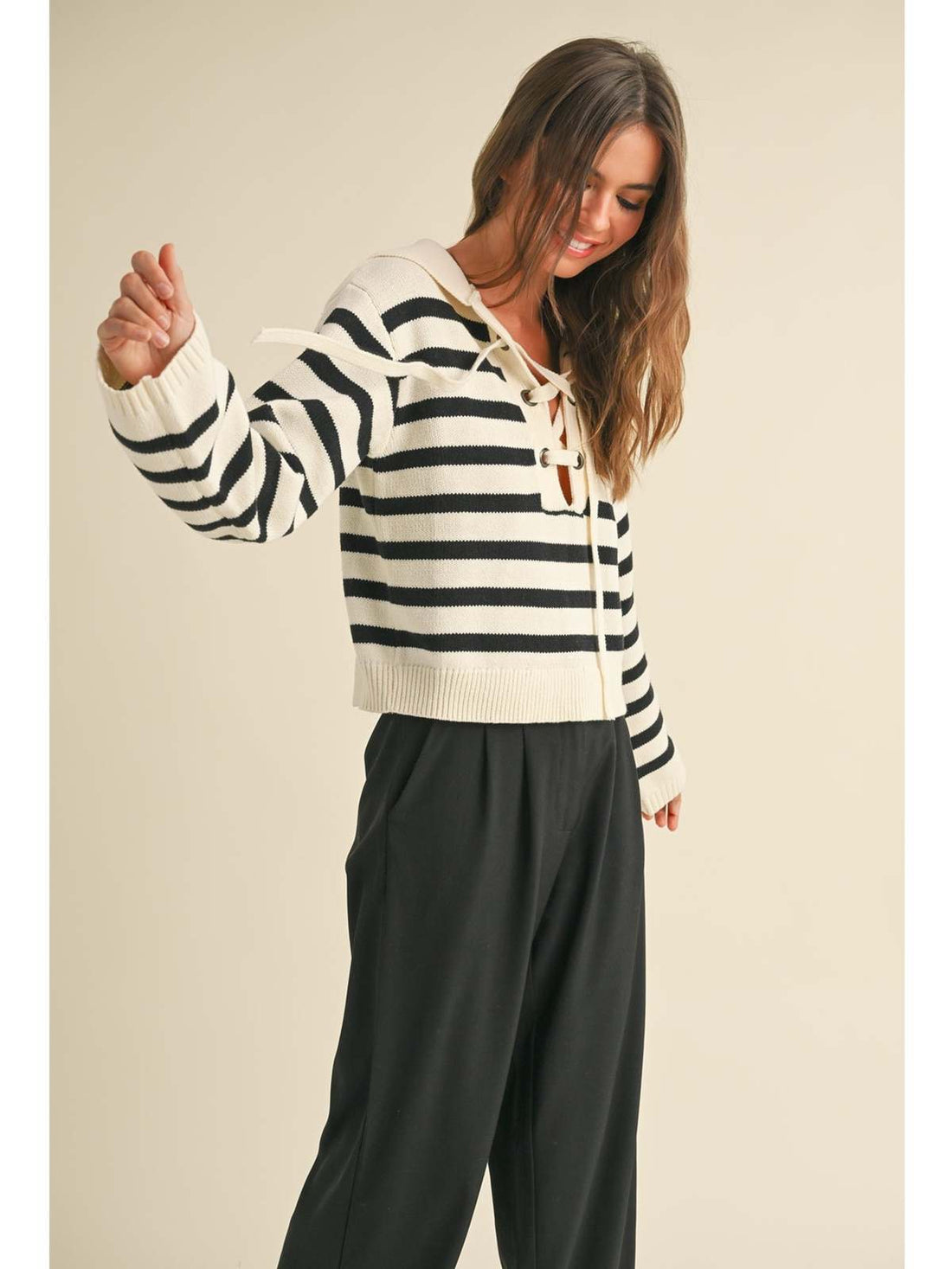 Stripe Lace up Sailor Collar Sweater
