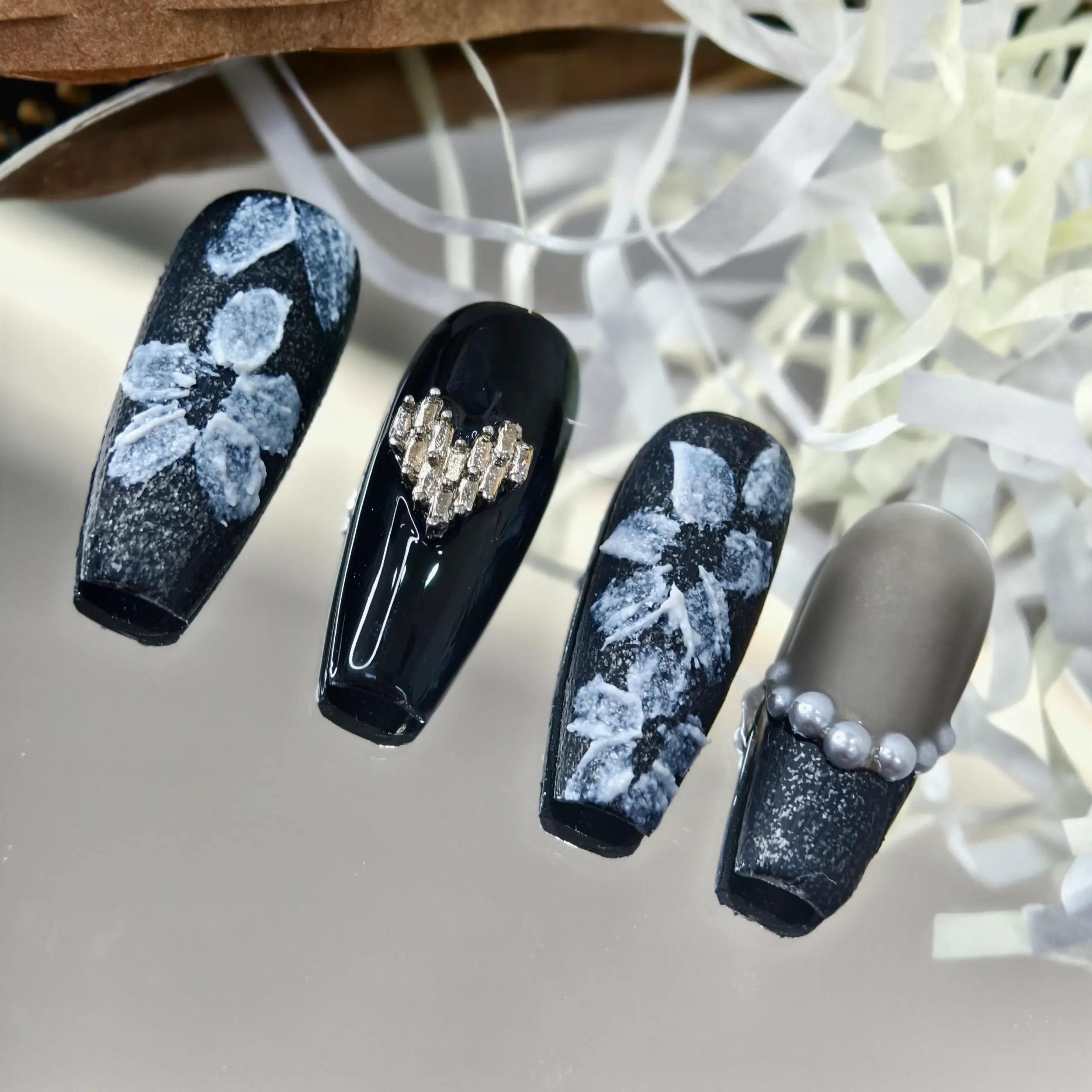 Amadela 3D Floral & Pearl French Press-On Nails - Image 2