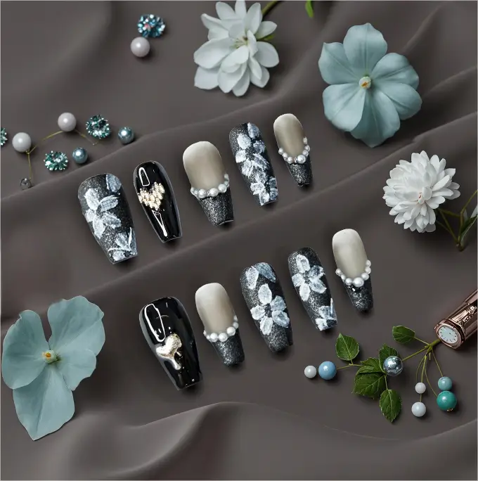 Amadela 3D Floral & Pearl French Press-On Nails - Image 5