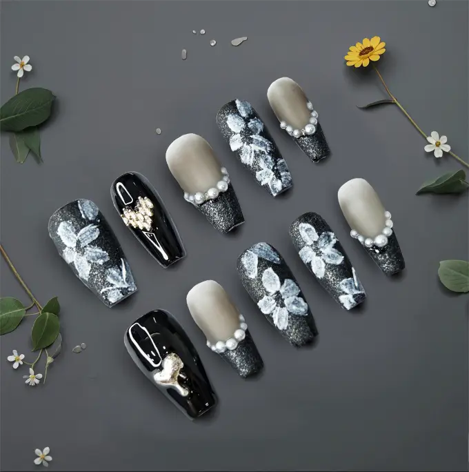 Amadela 3D Floral & Pearl French Press-On Nails - Image 4