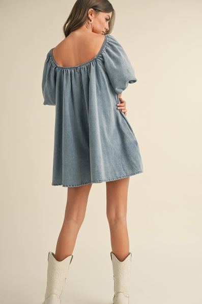 Puff Sleeve Babydoll Denim Romper