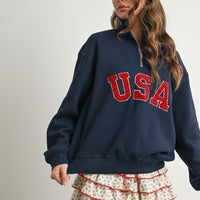 USA Chenille Patch Half-Zip Pullover Sweatshirt