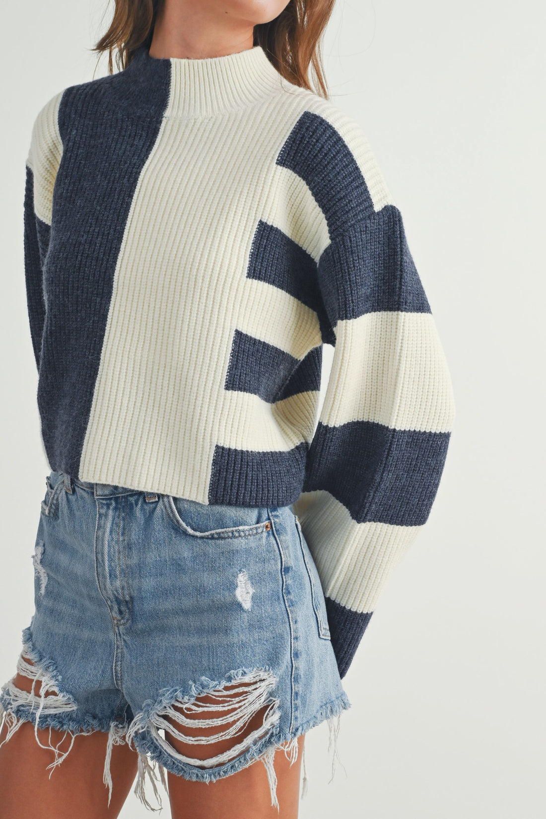 Color Block Mock Neck Sweater