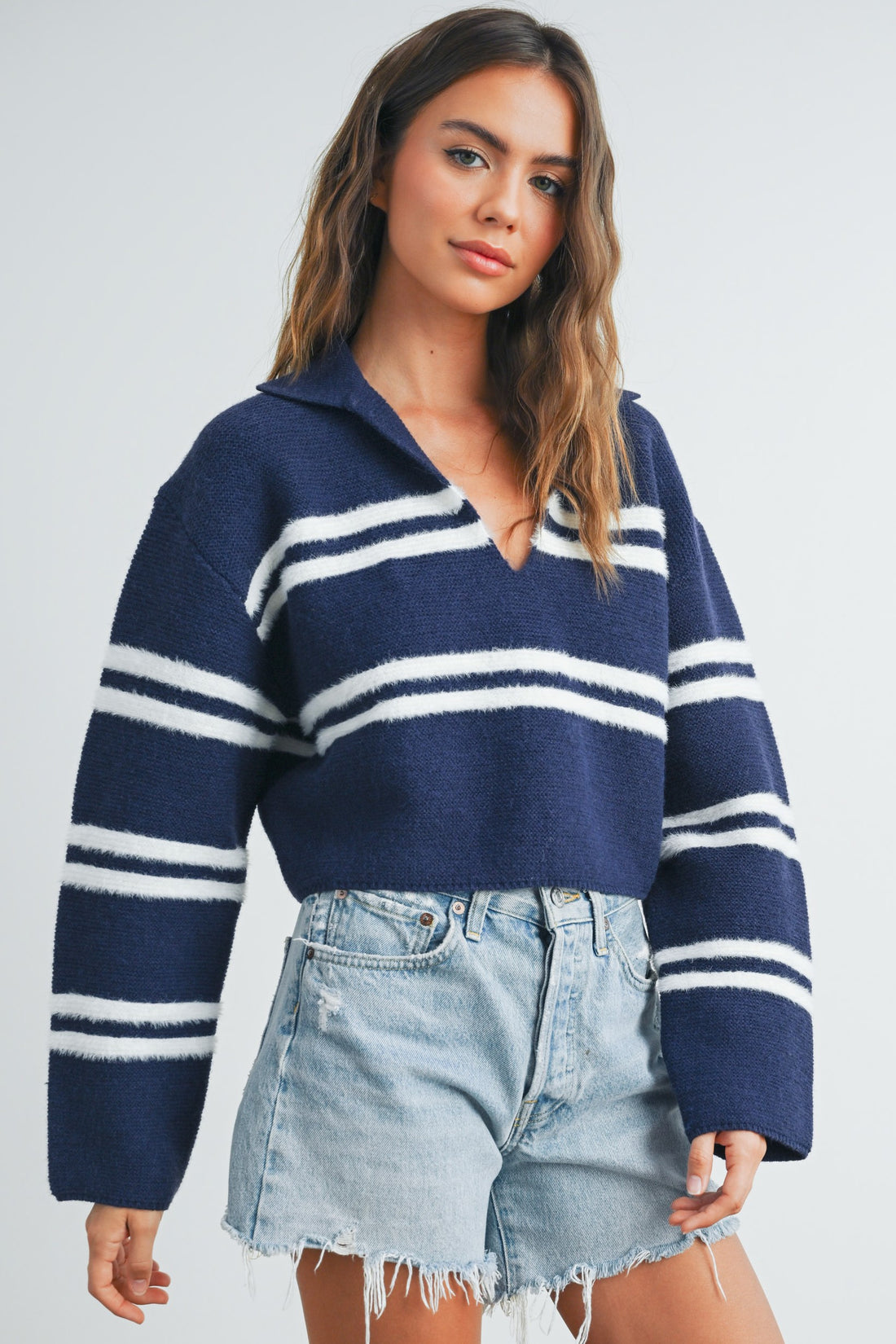 Stripe Cozy Collared Crop Sweater