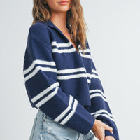 Stripe Cozy Collared Crop Sweater