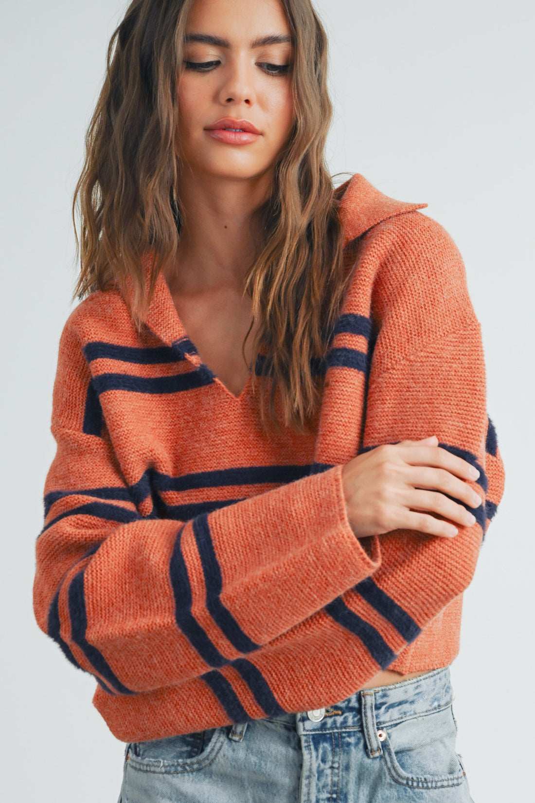 Stripe Cozy Collared Crop Sweater