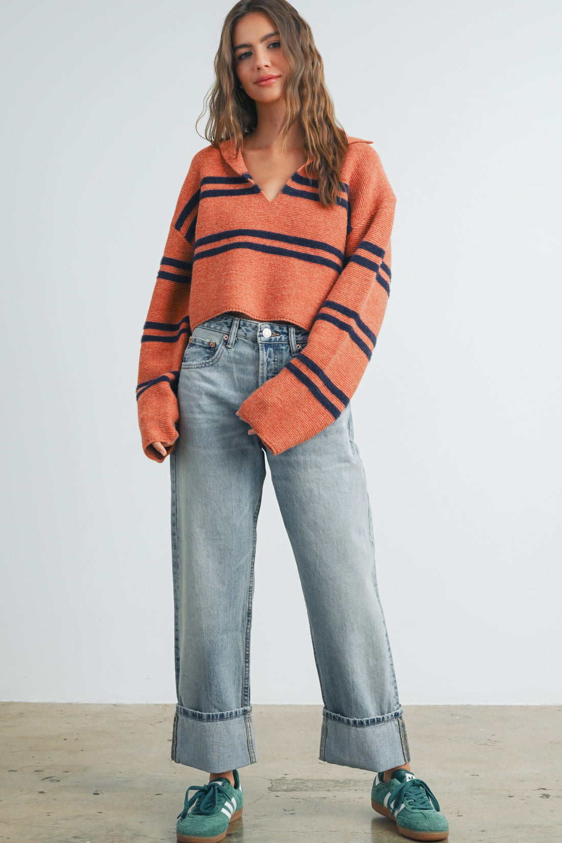 Stripe Cozy Collared Crop Sweater