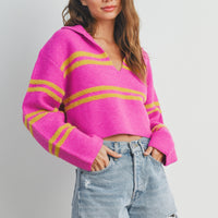 Stripe Cozy Collared Crop Sweater
