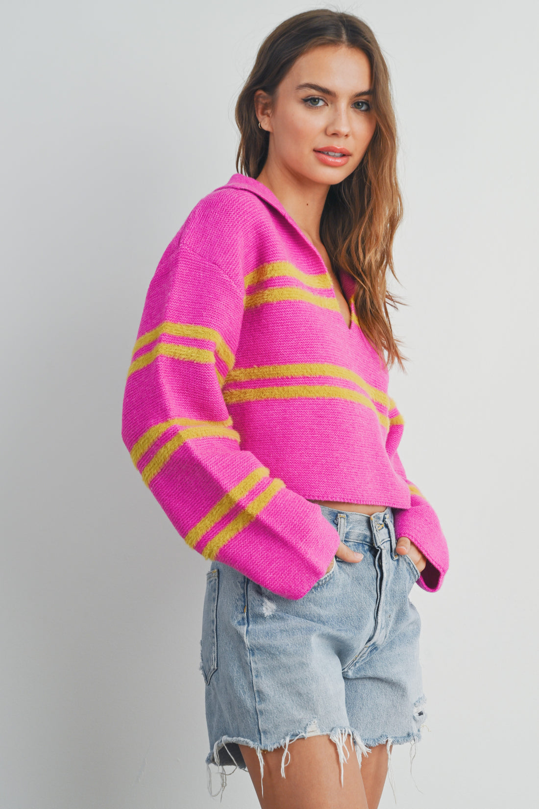 Stripe Cozy Collared Crop Sweater