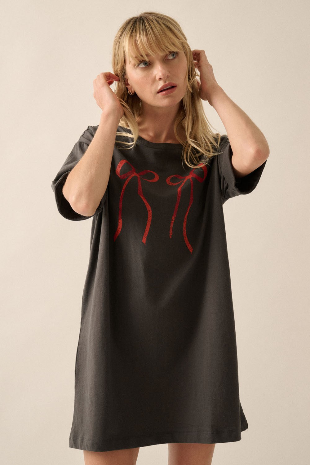 Bow Print Vintage Wash Graphic Tee Dress