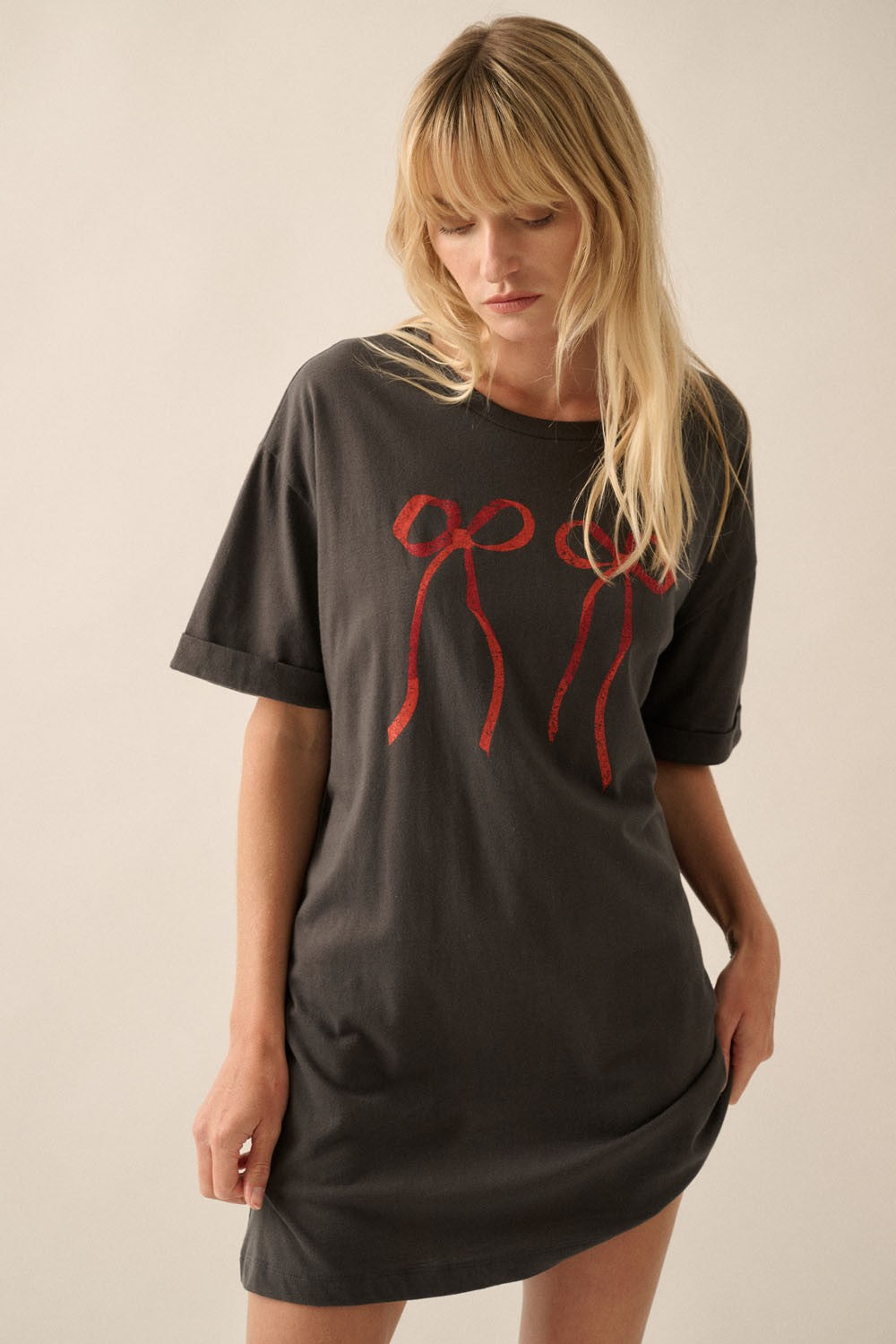 Bow Print Vintage Wash Graphic Tee Dress