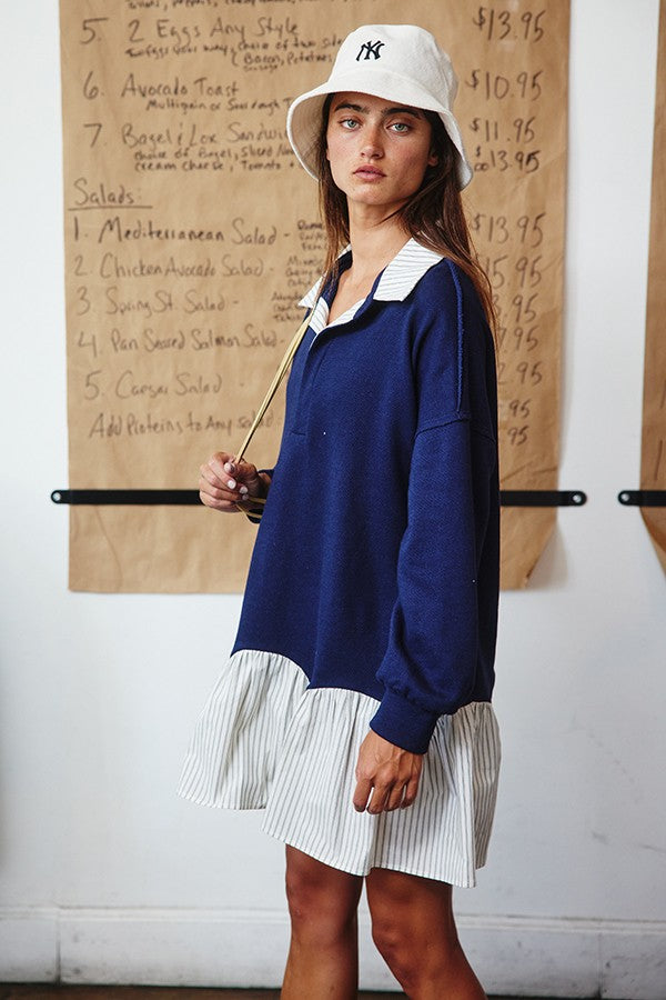 Stripe Contrast Detail Collared Mini T-shirt Dress