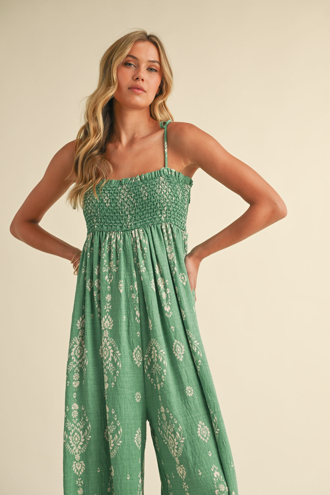Smocked Strap Tie Wide Leg Boho Jumpsuit