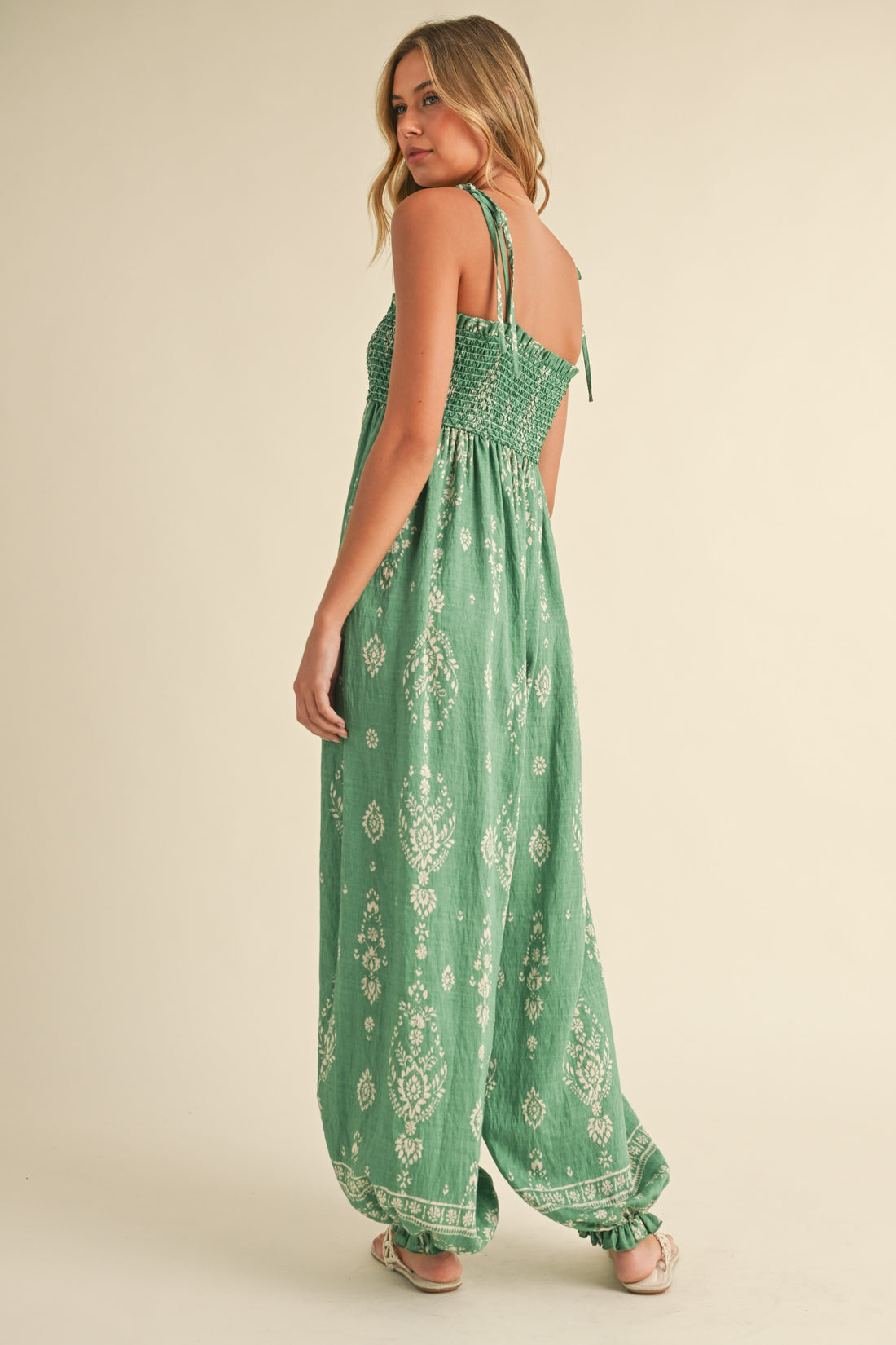 Smocked Strap Tie Wide Leg Boho Jumpsuit