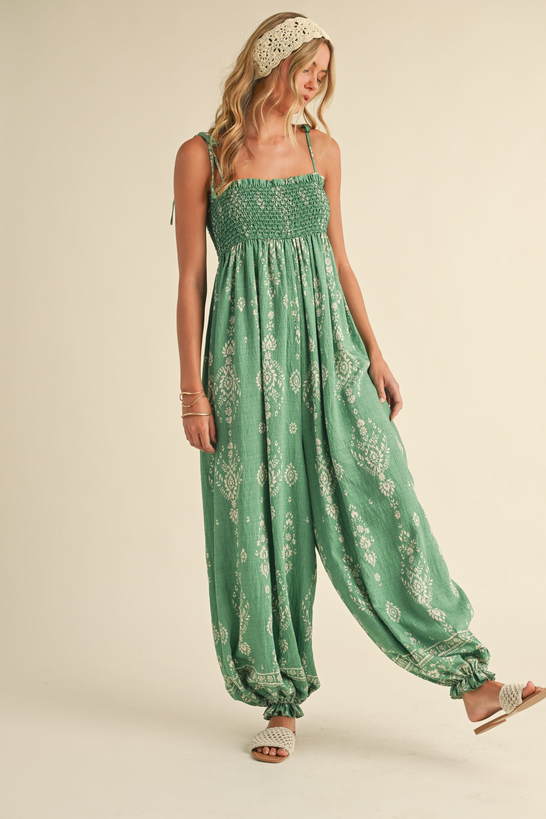 Smocked Strap Tie Wide Leg Boho Jumpsuit