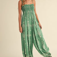 Smocked Strap Tie Wide Leg Boho Jumpsuit