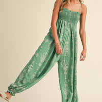 Smocked Strap Tie Wide Leg Boho Jumpsuit