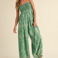 Smocked Strap Tie Wide Leg Boho Jumpsuit