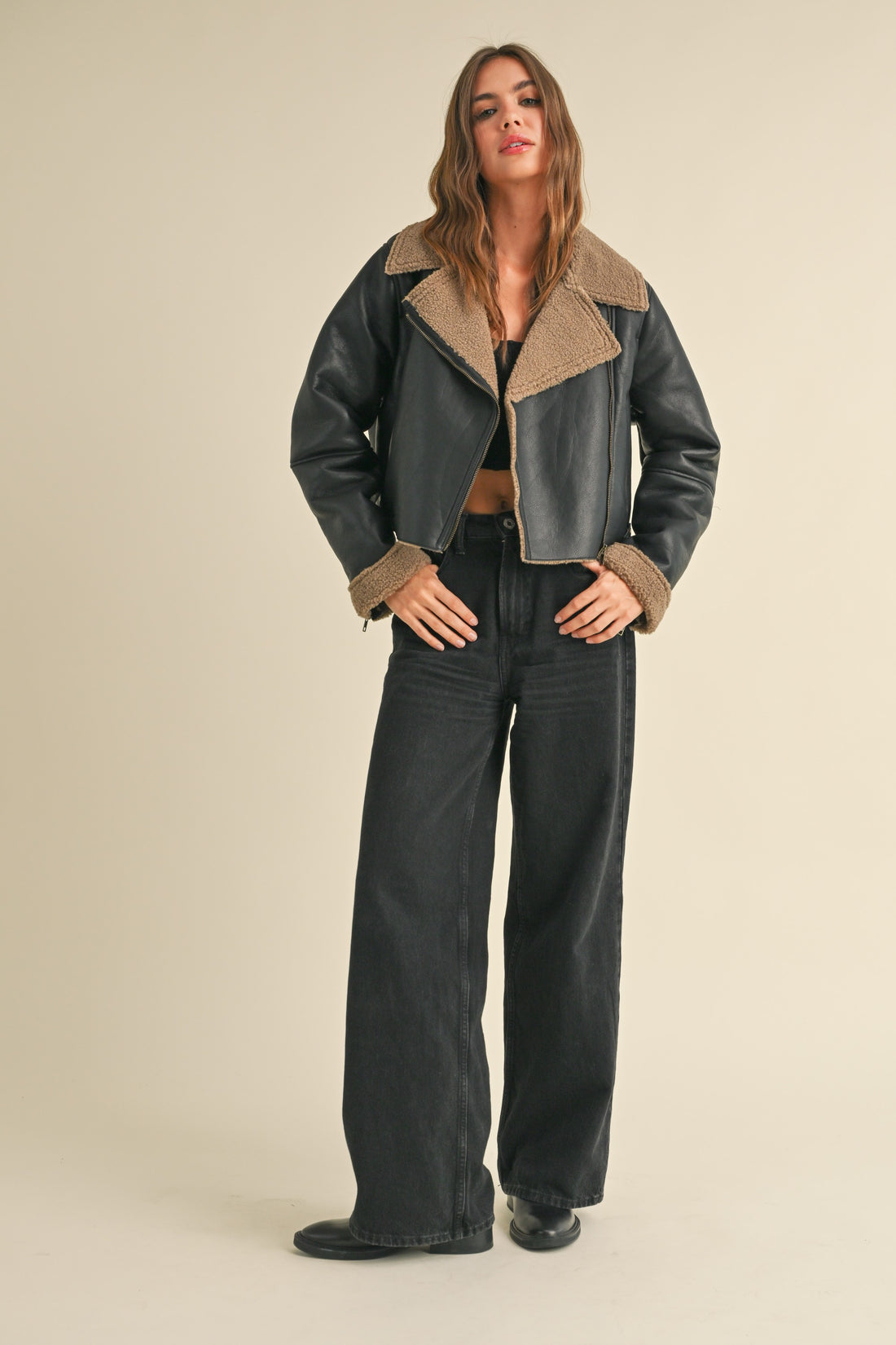 Faux Leather Sherpa Collar Jacket