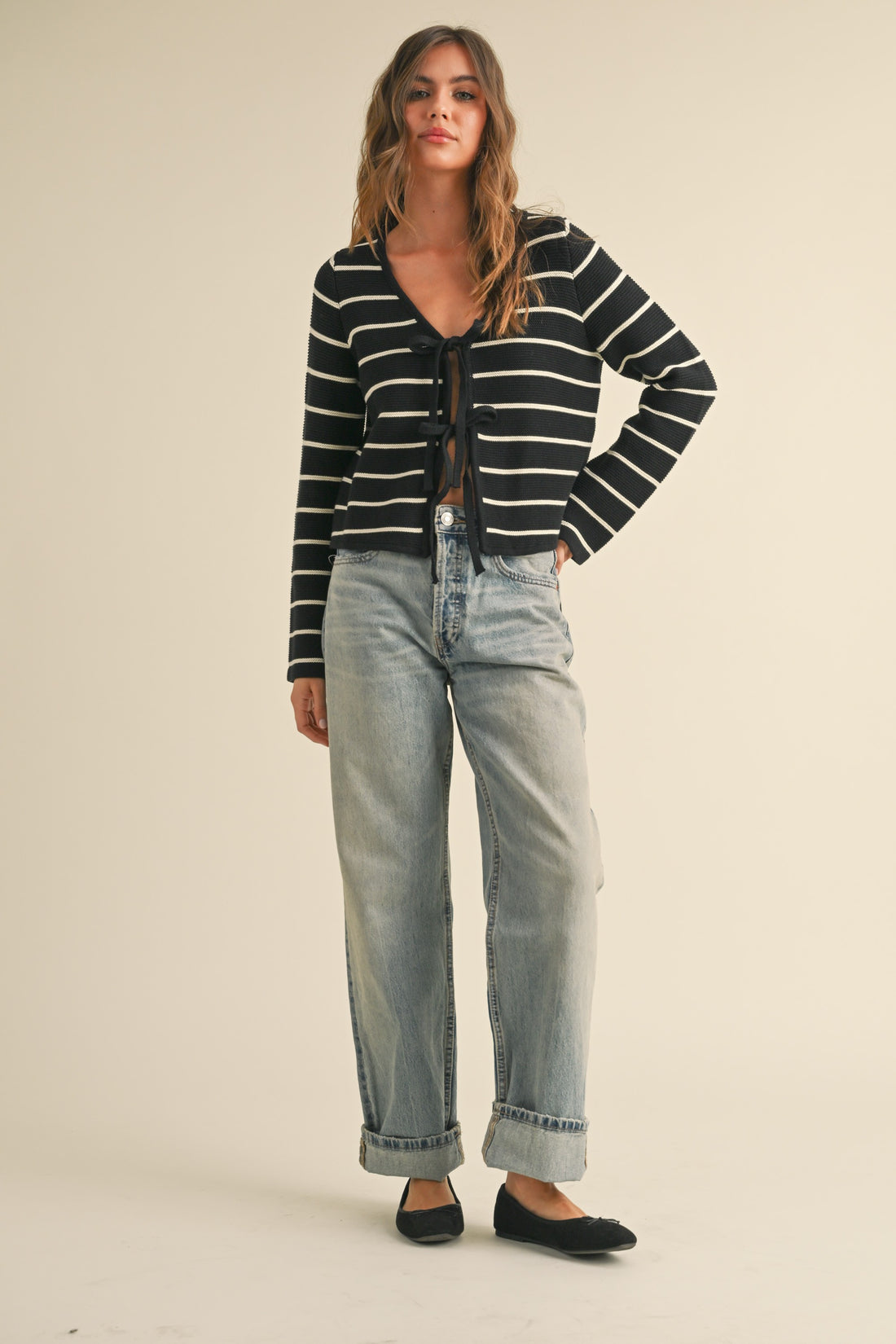 Striped Tie Front Knit Cardigan