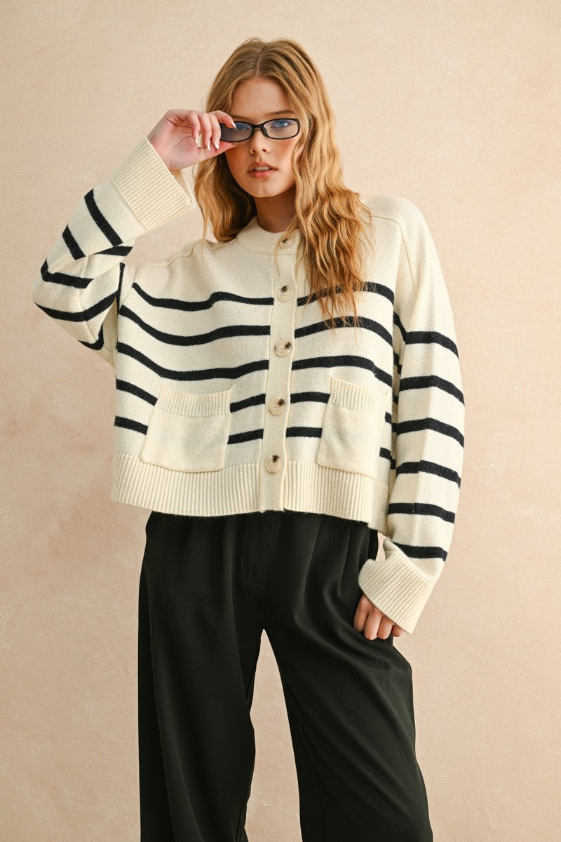 Relaxed Breton Stripe Button Cardigan