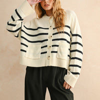 Relaxed Breton Stripe Button Cardigan
