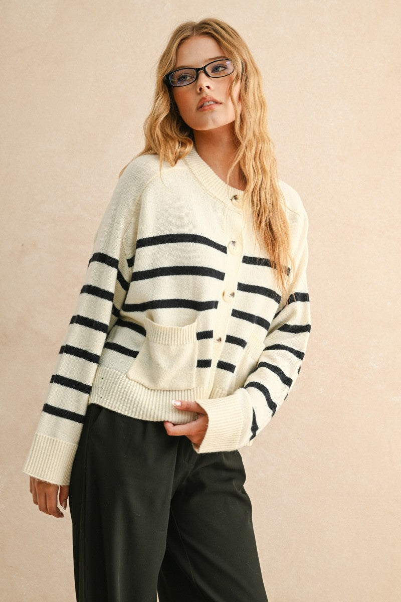 Relaxed Breton Stripe Button Cardigan