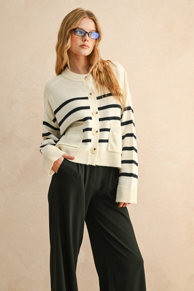 Relaxed Breton Stripe Button Cardigan