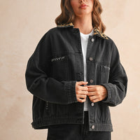 Oversized Black Denim Jacket with Leopard Print Collar