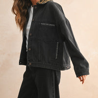 Oversized Black Denim Jacket with Leopard Print Collar