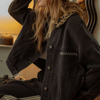 Oversized Black Denim Jacket with Leopard Print Collar