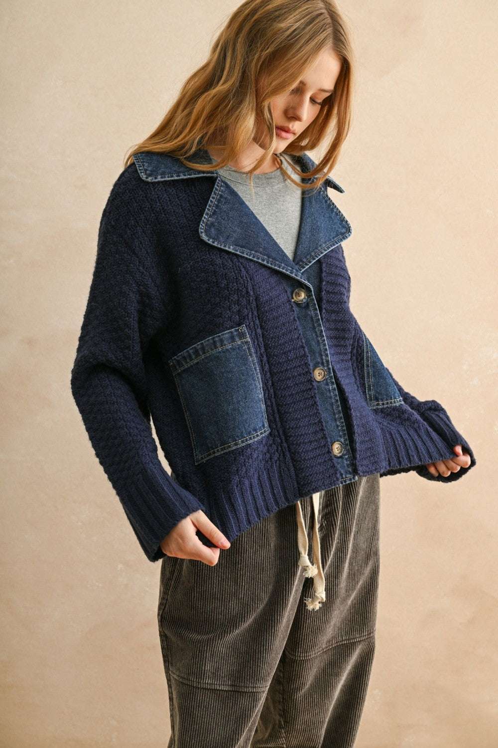 Denim Contrast Textured Knit Cardigan