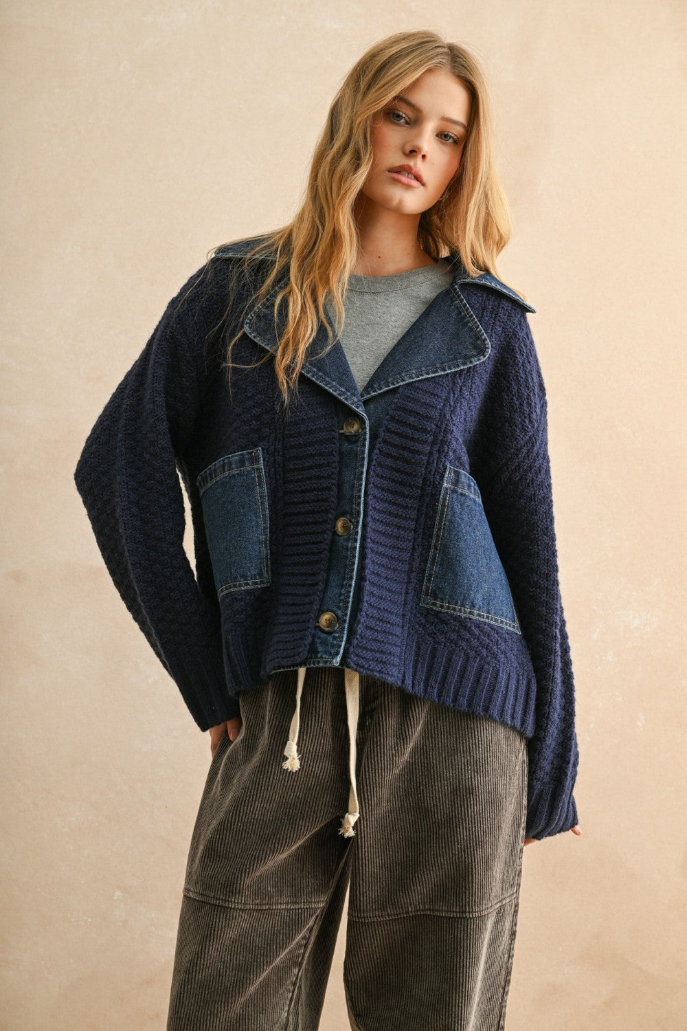 Denim Contrast Textured Knit Cardigan