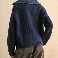 Denim Contrast Textured Knit Cardigan