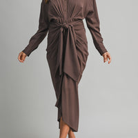 Tencel Ruched Front Tie Shirt Maxi Dress – Chocolate Brown