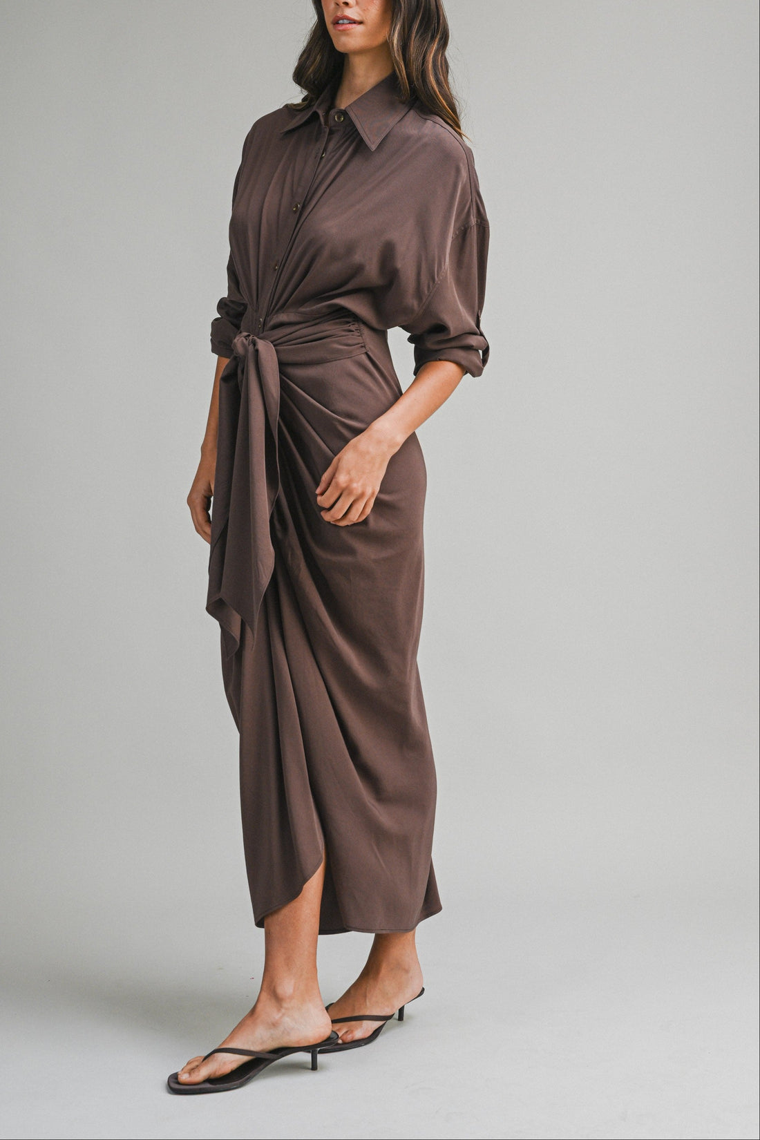 Tencel Ruched Front Tie Shirt Maxi Dress – Chocolate Brown