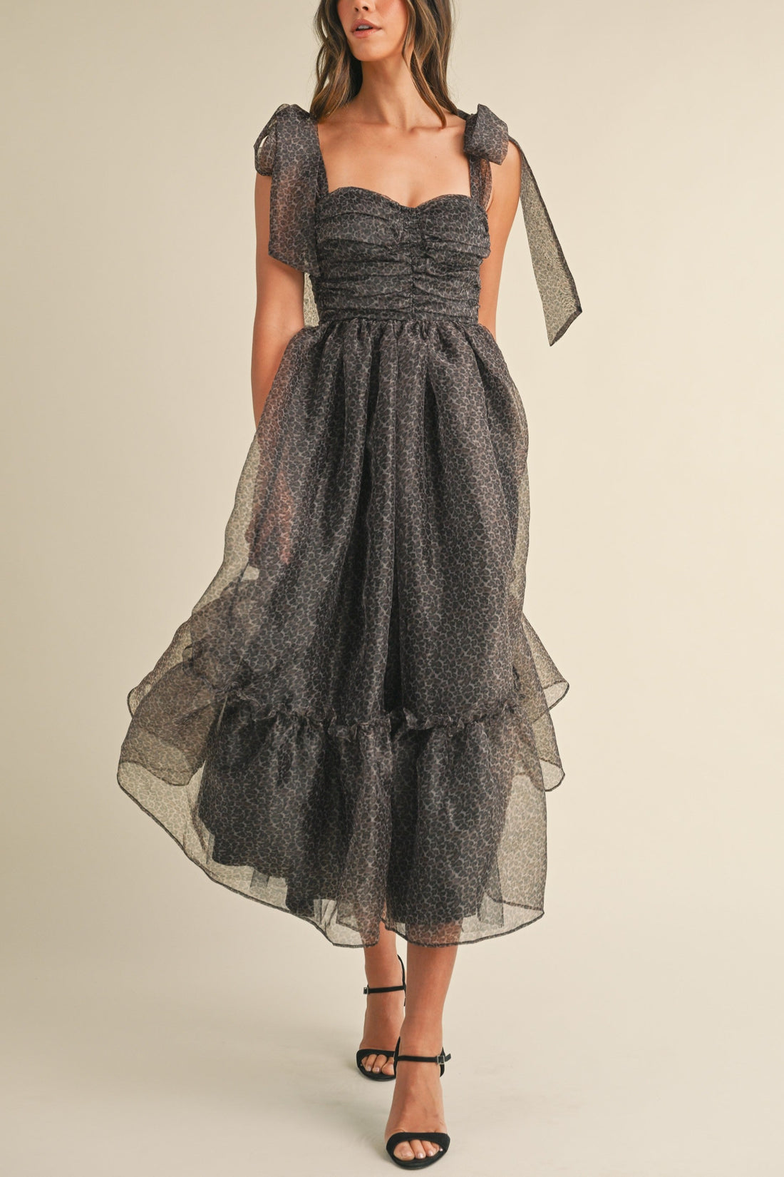 Leopard Print Tie Shoulder Organza Maxi Dress