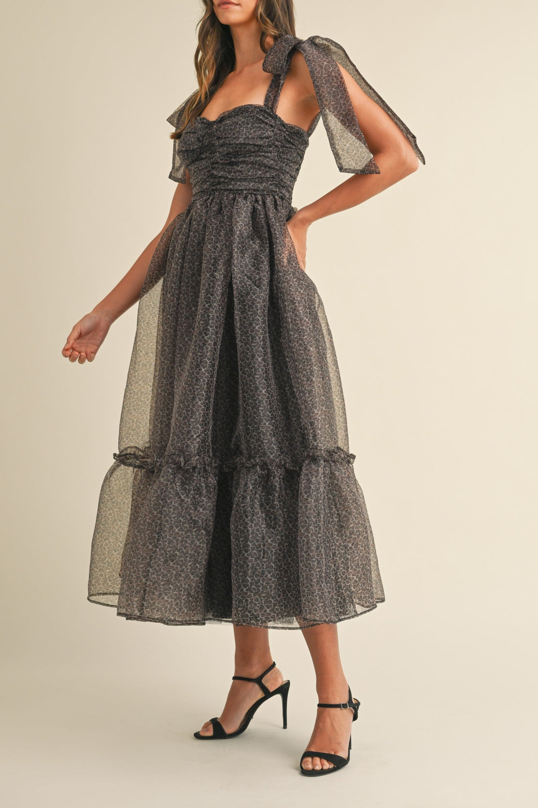 Leopard Print Tie Shoulder Organza Maxi Dress