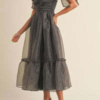 Leopard Print Tie Shoulder Organza Maxi Dress