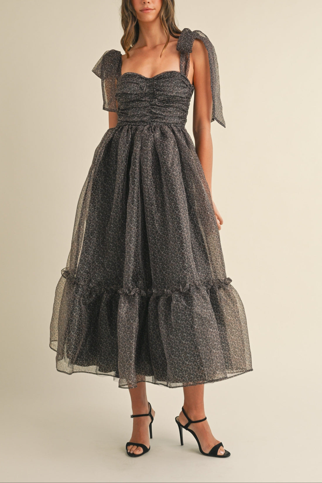 Leopard Print Tie Shoulder Organza Maxi Dress