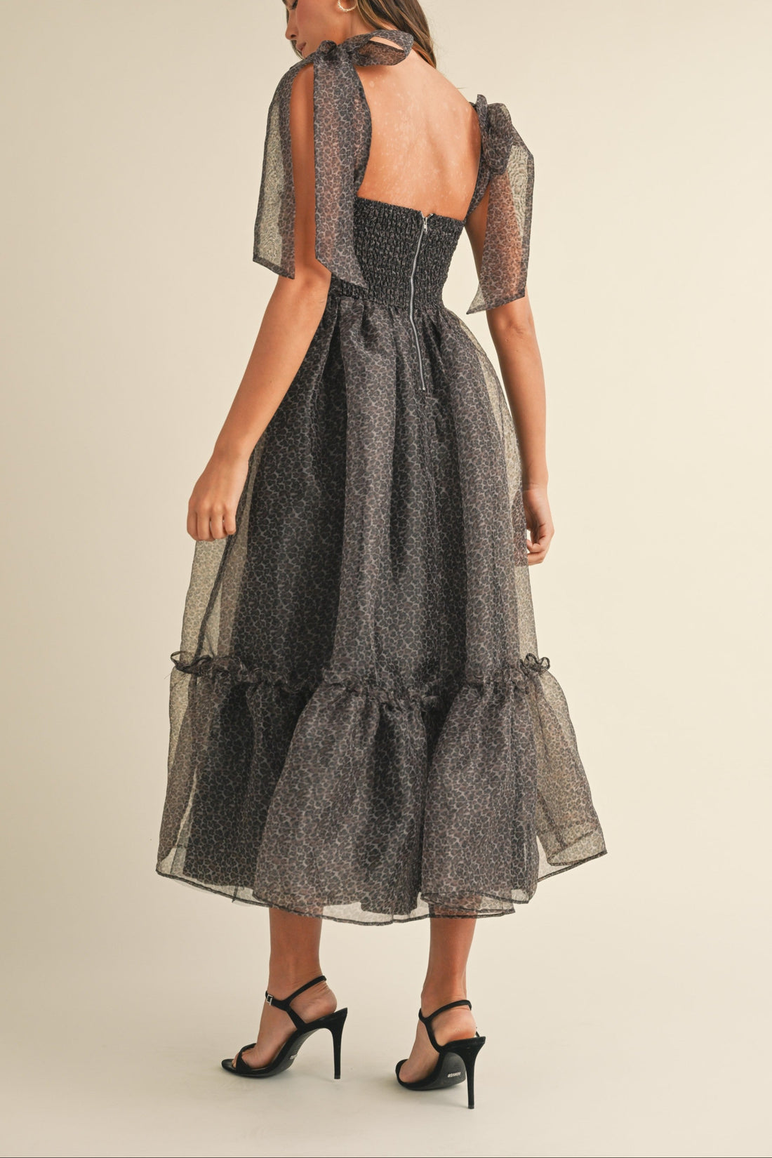 Leopard Print Tie Shoulder Organza Maxi Dress