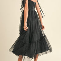 Polka Dot Mesh Tie Shoulder Midi Dress