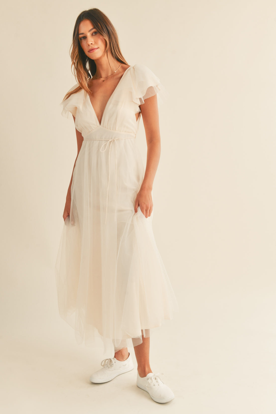 Tulle V neck Ruffle Sleeve Midi Dress