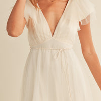 Tulle V neck Ruffle Sleeve Midi Dress