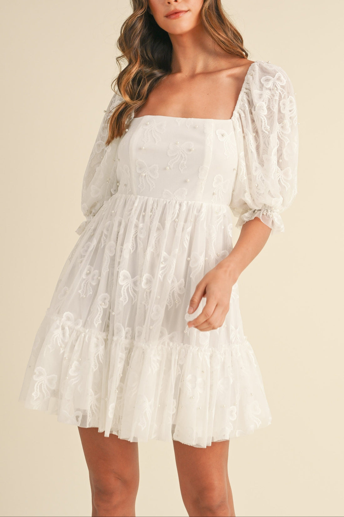 Jacquard Bow & Pearl Detail Mesh Dress