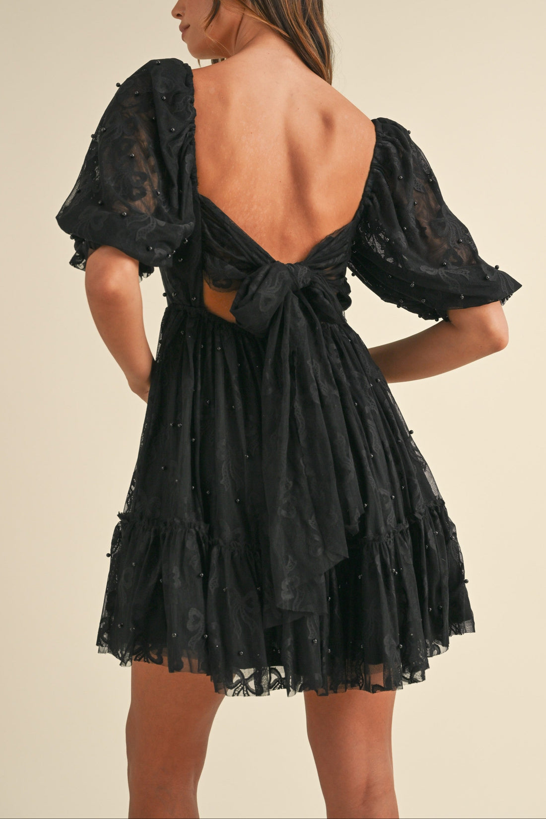 Jacquard Bow & Pearl Detail Mesh Dress