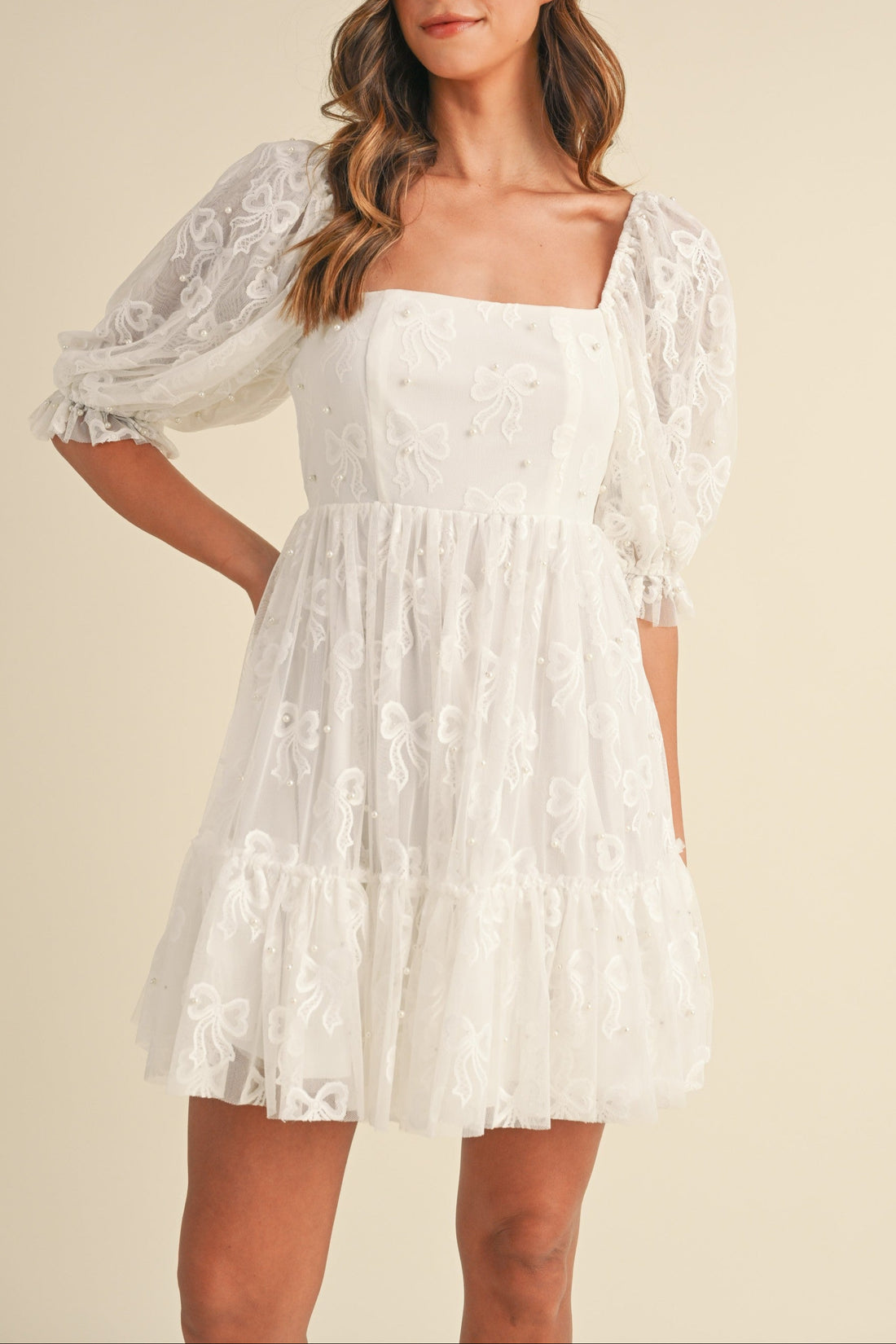 Jacquard Bow & Pearl Detail Mesh Dress